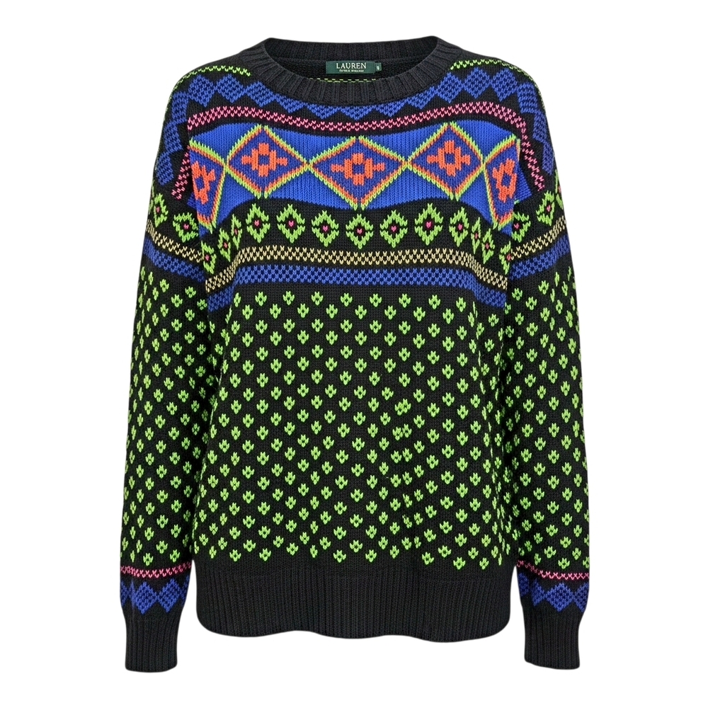 NWT Lauren Ralph Lauren Fair Isle Nordic Neon Multicolor Knit Sweater Size L